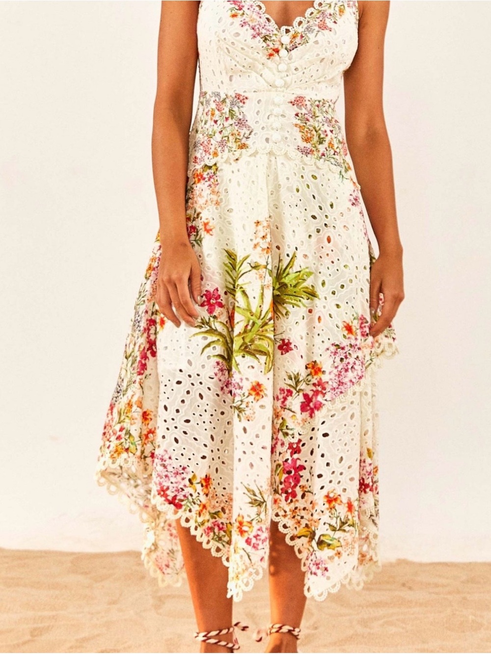 Farm Rio White Floral Eyelet Midi Skirt